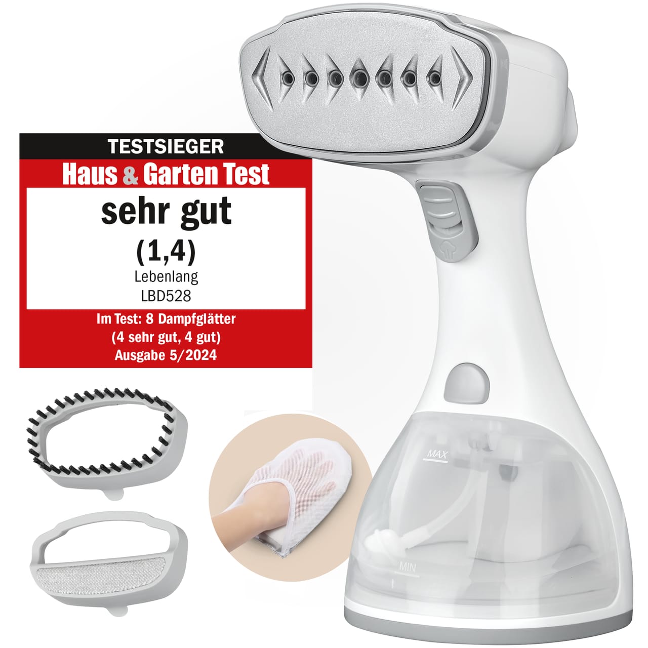 LEBENLANG Handdampfglätter LBD528 mit Dampfkopf, transparentem Wassertank und Aufsätzen